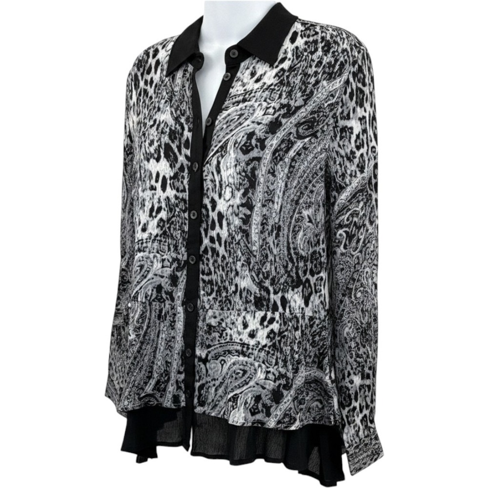 Simply Noelle Womens Mixed Leopard Paisley Print Button Up Blouse Black Grey S/M